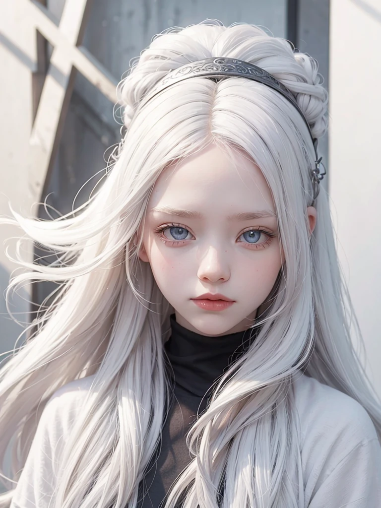 albino girl , gray pupils , long white hair with a headband 