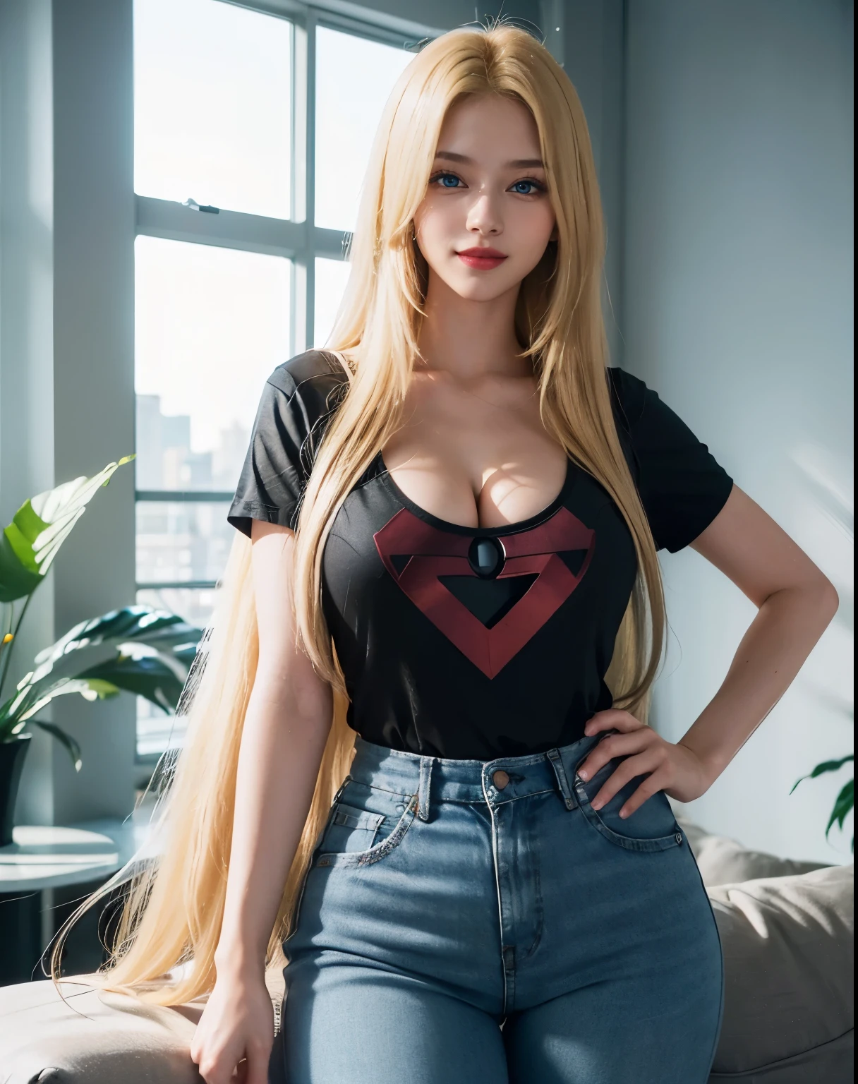 1girl, (Blue Eyes), (smiling :1.2), (Sana Minatozaki), (beautiful makeup :1.2), wide hips, (big :1.1), (big ass), (thin waist), (thick thighs), (toned legs), (Best Quality, 8k, Masterpiece: 1.3), Clear Focus: 1.2, Perfect Body Beauty: 1.4, (strong abs), Highly detailed face and skin texture, detailed eyes, double eyelids, (shiny skin :1.2), (long blonde straight hair :1.2) red lips, (blonde long straight hair :1.2), (cleavage v-shaped black t-shirt :1.3), (jeans :1.1), standing, dynamic pose, in a living room