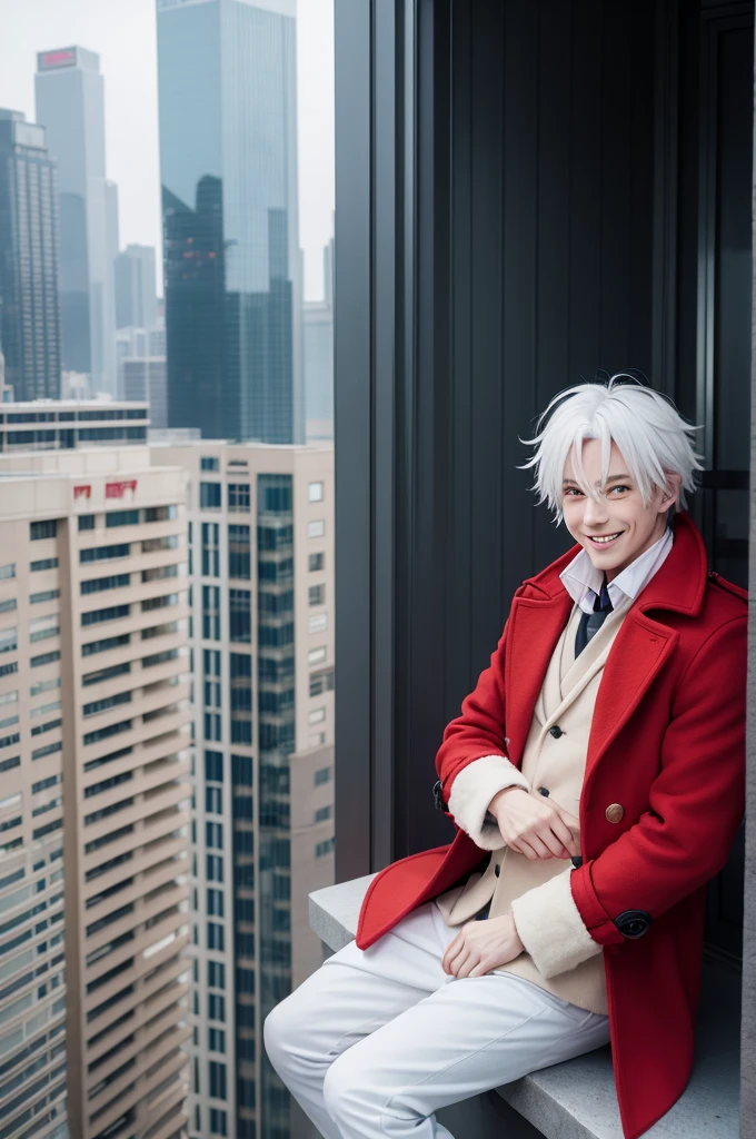 (anime) 1 Man, red overcoat, white hair, sitting in top of a building, looking at camera, smiling