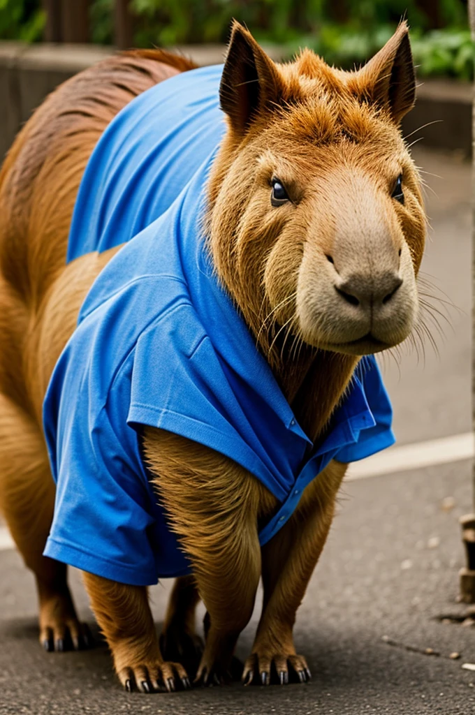 I want an animated capybara that has a blue shirt