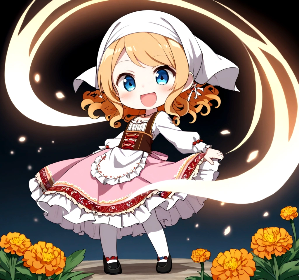 golden orange hair, gradient hair, very long hair, swept bangs, sidelocks, curly hair, wavy hair, (((((head scarf))))), head bandana, pink apron, flower in hair, marigold, orange flower, dirndl, pink dress, pink dirndl, long sleeves, waist apron, white apron, bow on waist, blue bow, , polish clothing, Slavic clothing, Hungarian clothing, anime, cute, flat chest, solo, exaggerated expression, chibi,(((((:3}}}}} smile, open mouth, blue eyes, white stockings, black shoes, full body