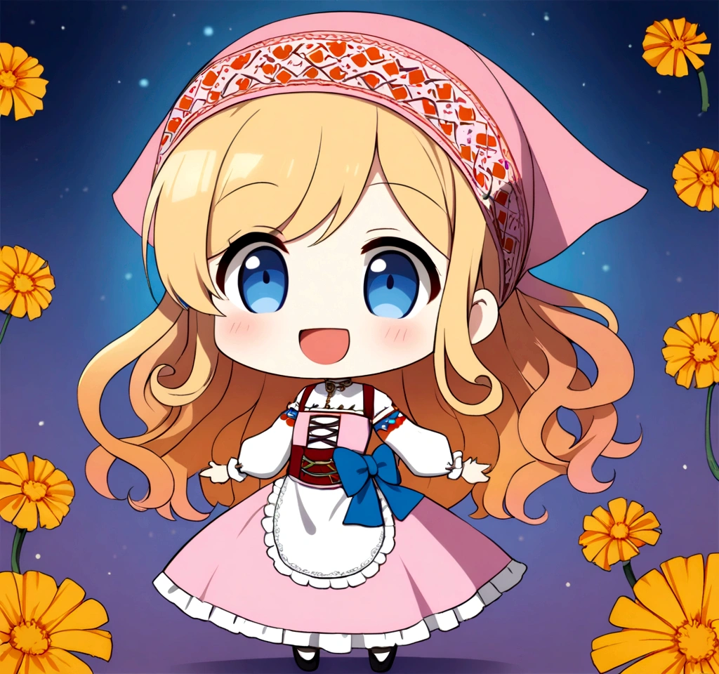 golden orange hair, gradient hair, very long hair, swept bangs, sidelocks, curly hair, wavy hair, (((((head scarf))))), head bandana, pink apron, flower in hair, marigold, orange flower, dirndl, pink dress, pink dirndl, long sleeves, waist apron, white apron, bow on waist, blue bow, , polish clothing, Slavic clothing, Hungarian clothing, anime, cute, flat chest, solo, exaggerated expression, chibi,(((((:3}}}}} smile, open mouth, blue eyes, white stockings, black shoes, full body