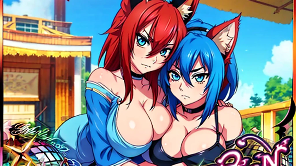 Two women facing each other, their breasts touching. a redhead wearing a top, the other with sky blue hair and eyes wearing a short blouse, (facial expression: anger/Will), best qualityer, masterprice, raytracing, face detailed, 8 k wallpaper, (high resolution), large and detailed breasts , animal ears, bangss, fox ears, fox tail,