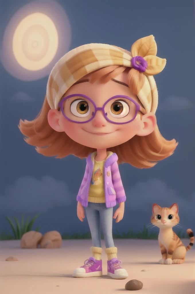 ((melhor qualidade)), ((Obra de arte)), (detalhado), A stunning high-quality 8K cartoon illustration featuring a charming  and her adorable kitten. The kitty, with charming white and orange fur, sports an extravagant flower headband and wears an adorable purple and yellow scarf, complete with stylish sneakers. The girl, dressed in a matching pink and purple jumpsuit, wears glasses and sneakers, her cheerful expression and playful demeanor capturing her adventurous spirit. The background exudes a dreamy and warm atmosphere with a golden glow, enhancing the magical ambiance of the scene. The intricate details, vibrant colors, and professional finish of this 3D illustration make it truly captivating, immersing viewers in the animated world of this charming duo., illustration