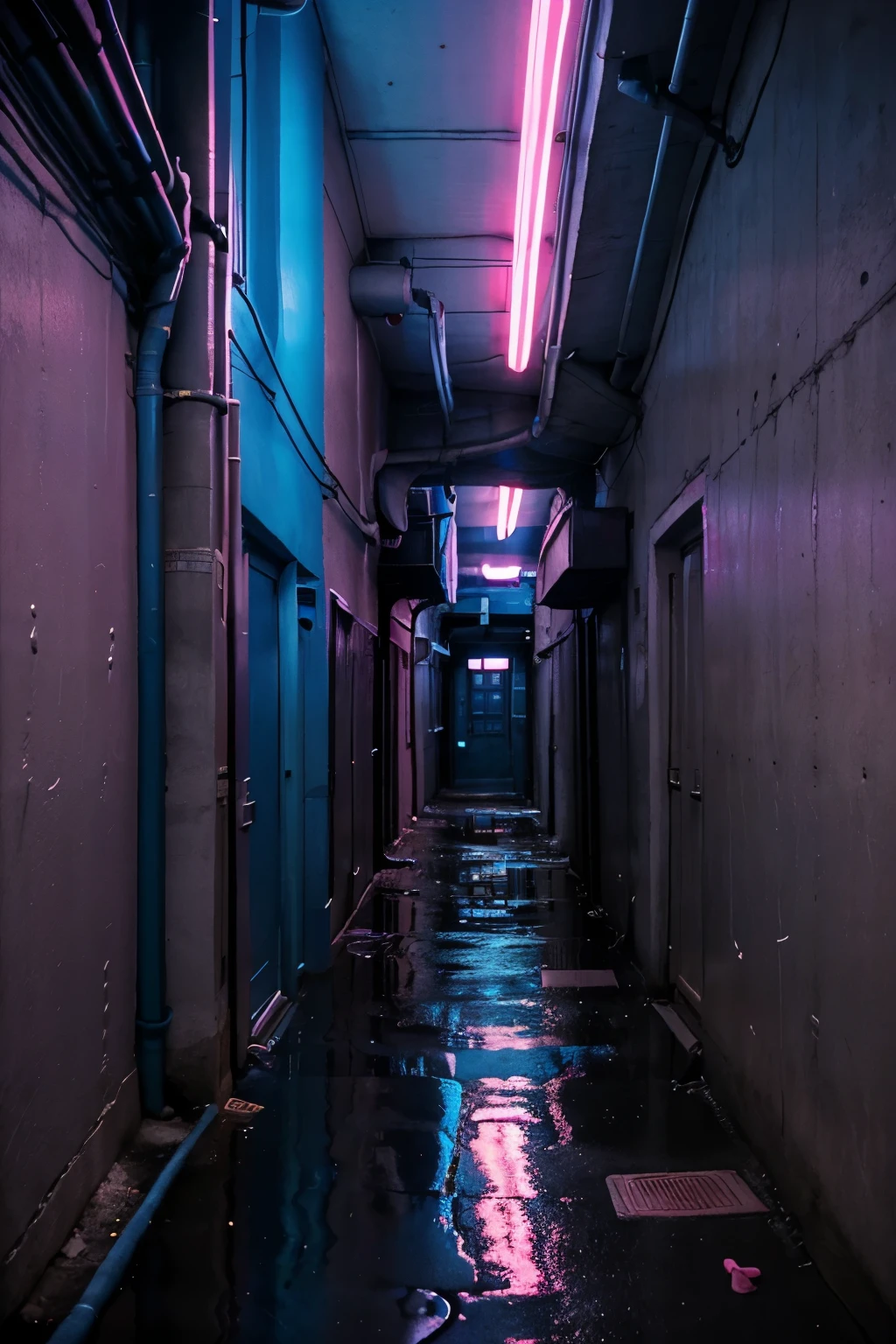 alley with concrete walls many pipes and wires on the ceiling and a weak pink and blue light on the floor of the alley small puddles of water that reflect the weak blue and pink light on the ceiling at the end of the alley a black cat looking back