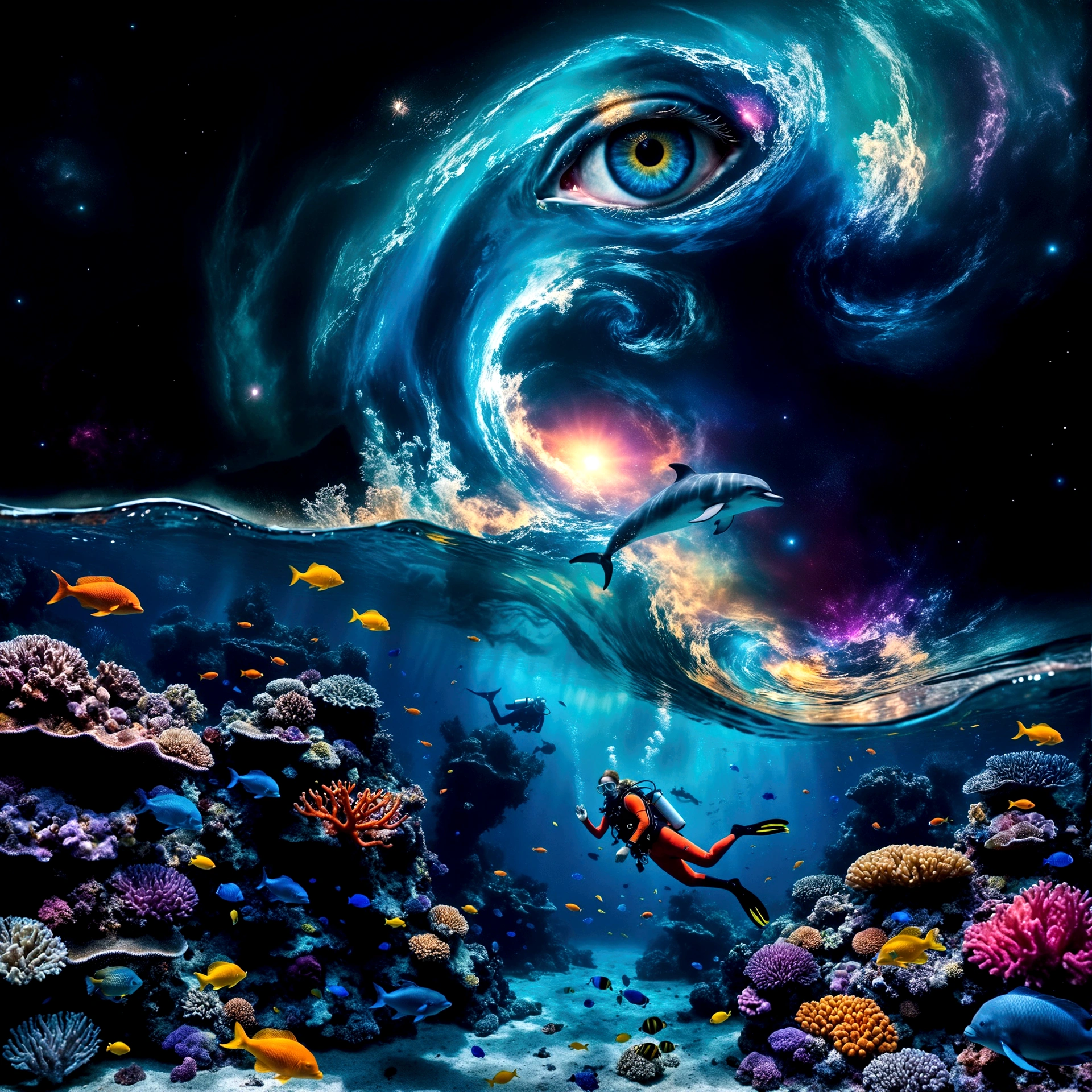 A huge luminescent barrier reef with glowing fishes and jellyfishes. floating bioluminescent orbs that drift lazily through the water, casting a soft glow.(( A woman goes scuba diving , wearing a detailed whimsical outfit . The bodice has fish scale patterns in layers)). Add subtle, translucent silhouettes of mythical sea creatures in the background, barely visible but adding to the mystical feel. A dolphin jumping out of a wave, illuminated by moonlight filtering through the water. A sky dominated by a massive cosmic eye, surrounded by swirling galactic patterns and luminous stars. Spiraling waves that seamlessly blend into the cosmic sky. a gentle, otherworldly melody that seems to resonate from the cosmic eye, creating an auditory illusion in the viewer's mind.. Envelop the entire scene in a soft, shimmering haze that adds to the ethereal quality. Atmosphere: Evoke a mystical and dreamlike atmosphere, blurring the boundaries between reality and imagination. A peaceful atmosphere. Use lines and patterns to naturally direct the viewer’s attention upwards. Envelop the entire scene in a soft, shimmering haze that adds to the ethereal quality. Atmosphere: Evoke a mystical and dreamlike atmosphere, blurring the boundaries between reality and imagination. Create a sense of depth and dimension with sharp details in the foreground and midground, and a slightly softer focus on the cosmic elements in the background. A peaceful atmosphere, absolutely astonishing and beautiful landscape with very saturated colors, glowing. Four-dimensional, the best quality, photoréaliste, éclairage cinématographique,