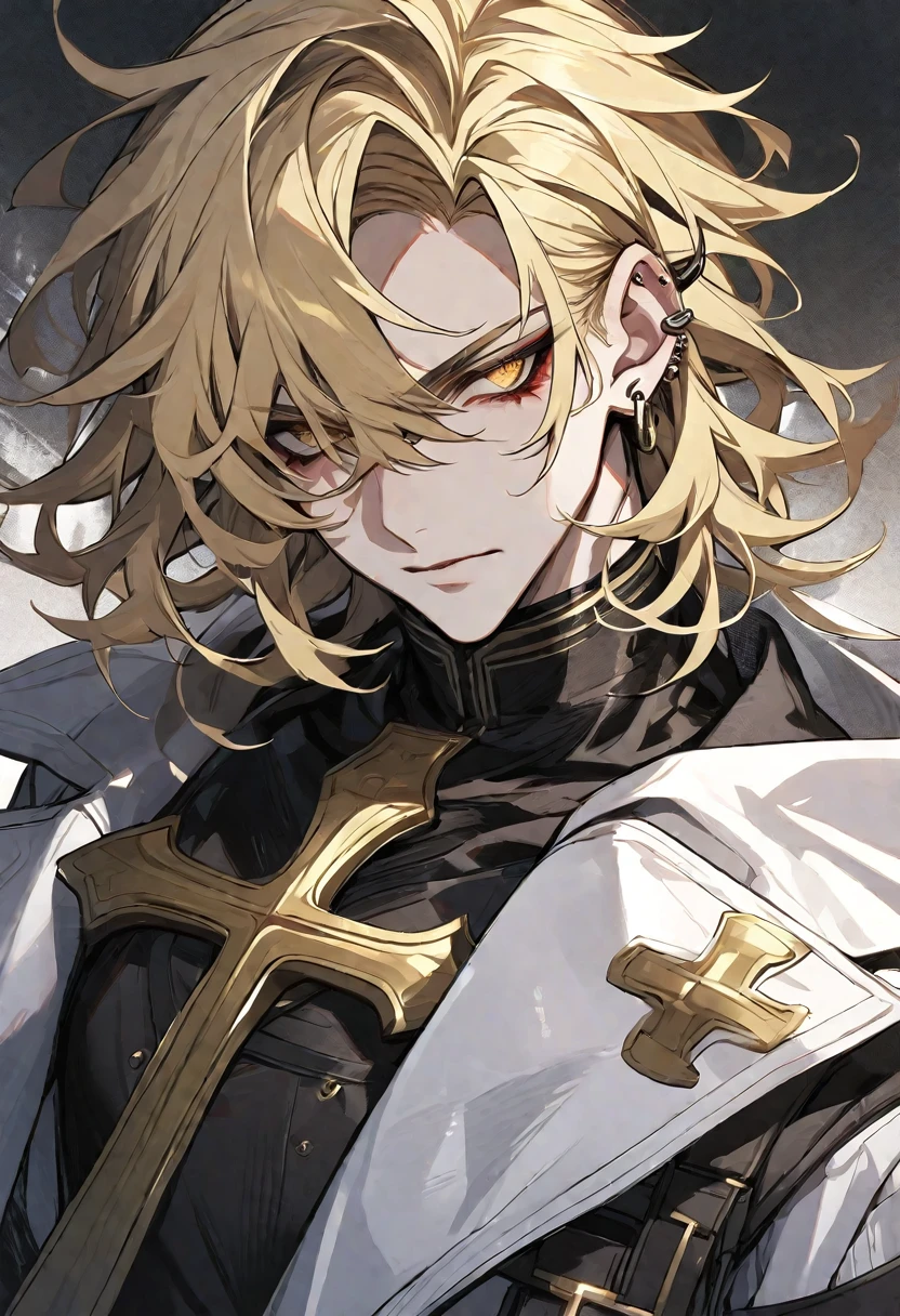 Solo, 1 male, blonde hair, gold eyes, black and white coat, crucific ear piercing