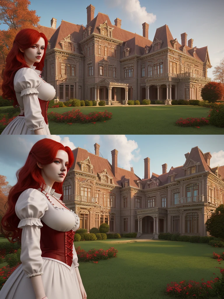 beautiful red haired woman wearing a maid's outfit, hd, cgi, 3d, digital art, magical, mansion in background, half-body, realistic up close