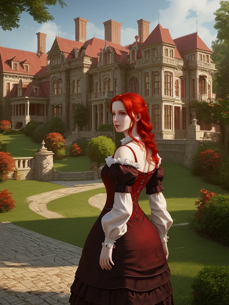 beautiful red haired woman wearing a maid's outfit, hd, cgi, 3d, digital art, magical, mansion in background, half-body, realistic up close