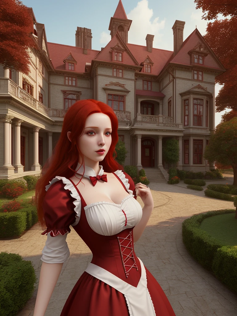 beautiful red haired woman wearing a maid's outfit, hd, cgi, 3d, digital art, magical, mansion in background, half-body, realistic up close