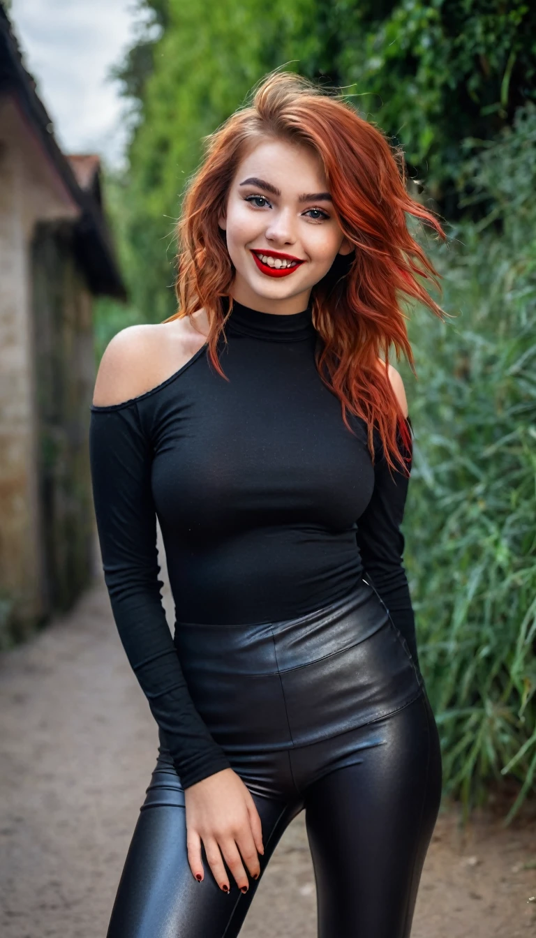 ultrarealistic high quality full body photo of a beautiful super busty slim european 19-year-old woman with cute hyperdetailed shy face and redhead shoulder length messy hair and shy smile, realistic round black eyes, red lips, dark eye makeup with eyeliner, wearing uni longsleeve and faux leather leggins, hourglass body, tanned, outdoor photography