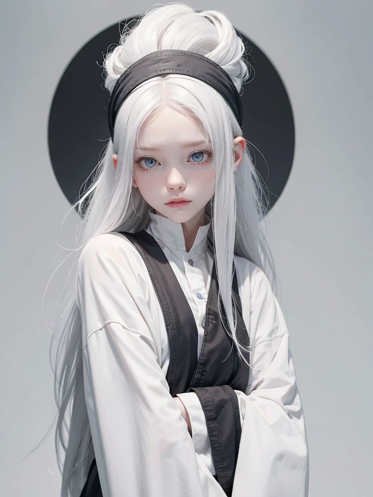 albino girl , gray pupils , long white hair with a headband 