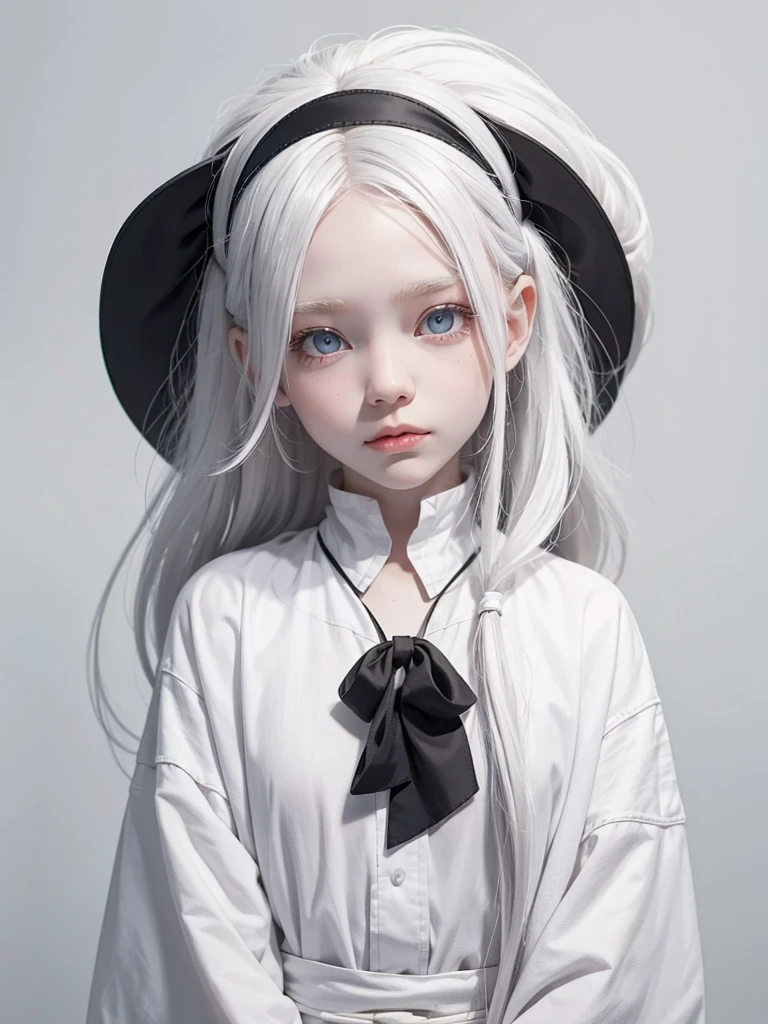 albino girl , gray pupils , long white hair with a headband 