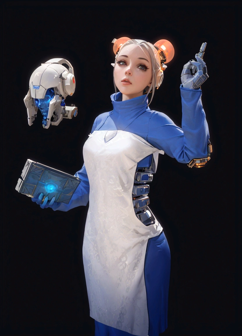 Arafed woman in a white and blue dress holding a book and a toy., science fiction character, female cyborg trader, science fiction female character, cyborg merchant girl, science fiction character, science fiction woman, 3D 8k rendering character art, 3D character concept, 3d character art, retrato de una science fiction woman, retrofuturistic female android