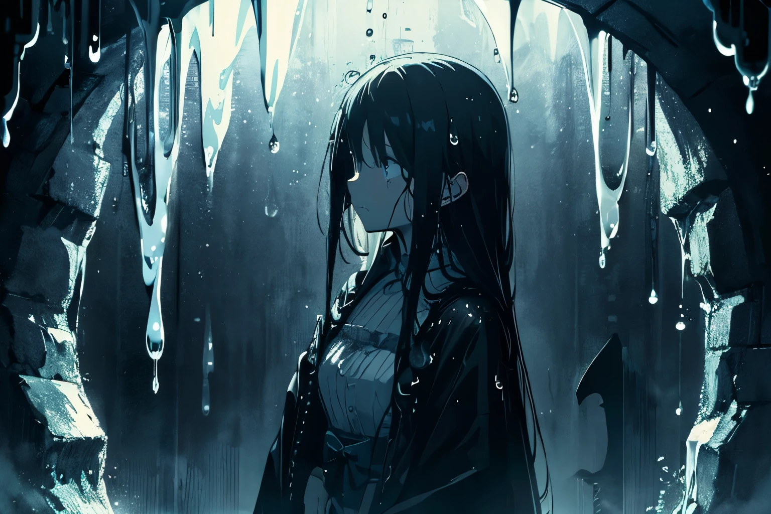 ((Dripping water droplets))、Dark and spooky atmosphere、midnight