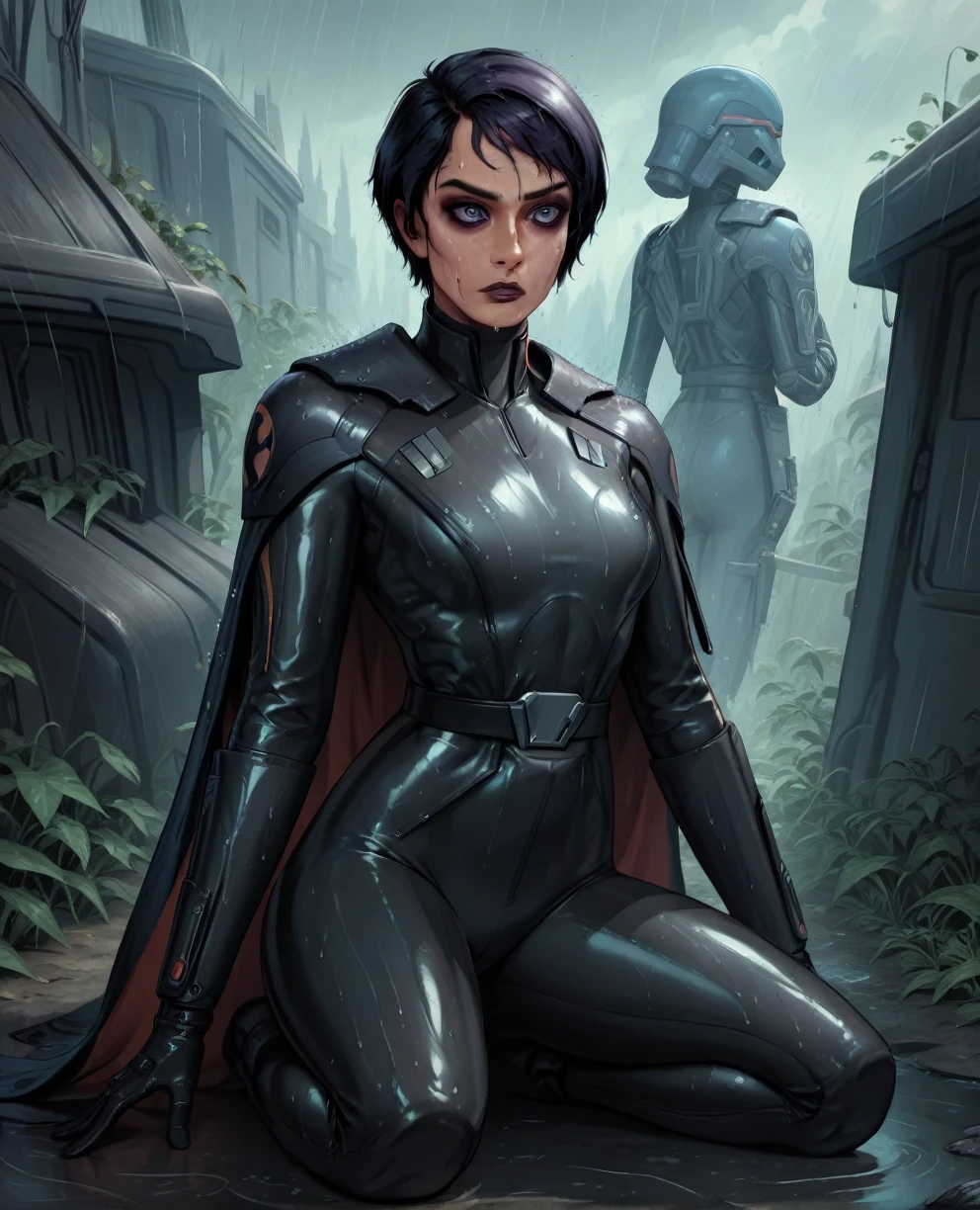 score_9,score_8_up,score_7_up,score_6_up, sabine wren ,,black hair, FULL body, wet, armor,gloves,black bodysuit,black cape,belt,rain, science fiction,sith base, star wars, outdoors, rain, solo,fflixbag wearing armor sabine wren
