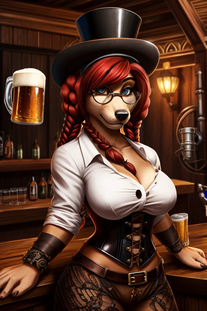 steampunk, underbust corset, breasts, 1 woman, top hat, leather, red hair, pigtails, goggles, brown hat, half rim glasses, curvy, braids, dominatress, black lace, white shirt, button down shirt, saloon, beer mug, canine, furry, anthro