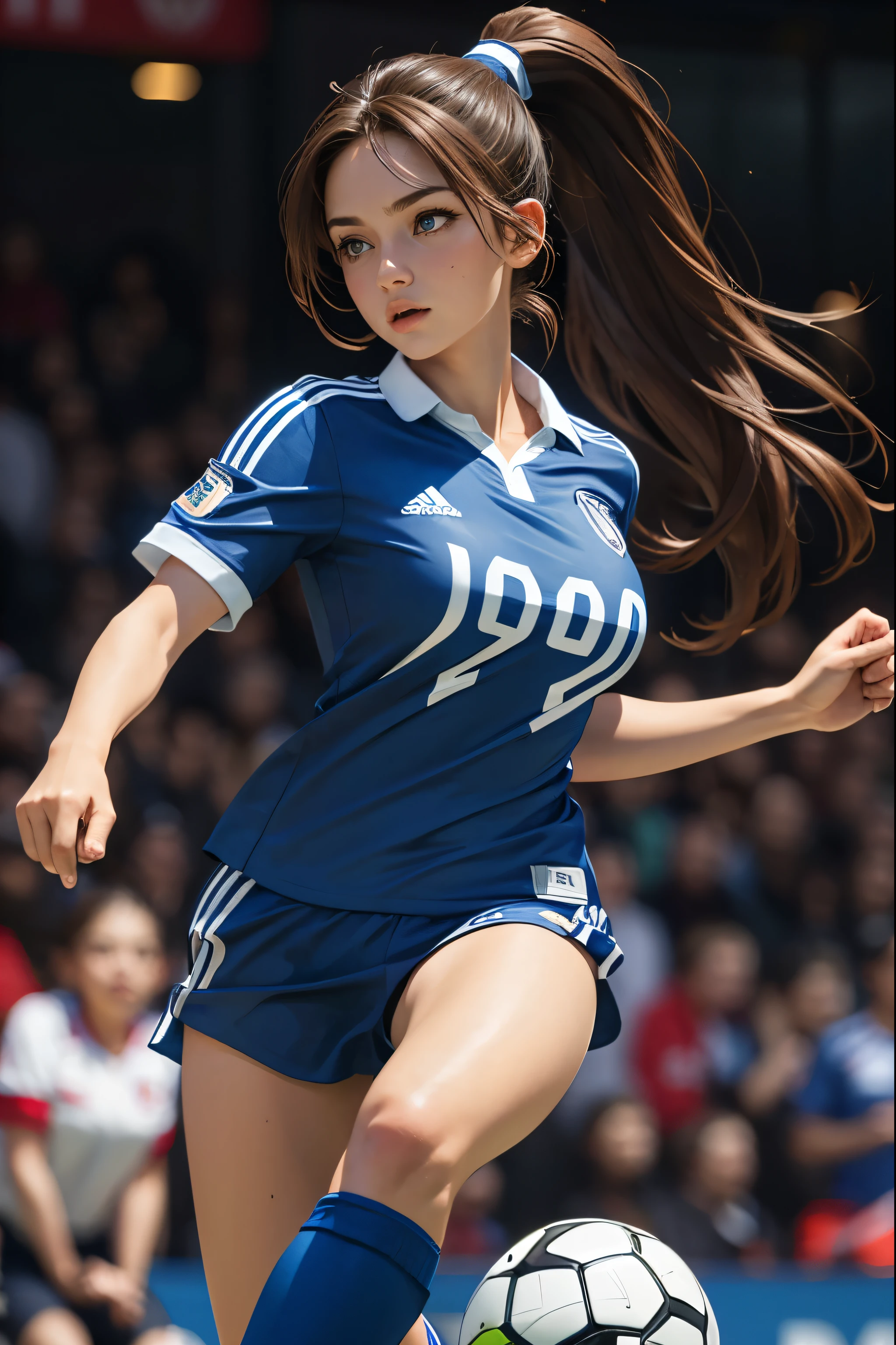 Woman, Brown HAir, Long Hair,Ponytail, Blue Eyes, Very Large Breasts, Soccer uniform, Blue Soccer Uniform, kicking Soccer ball