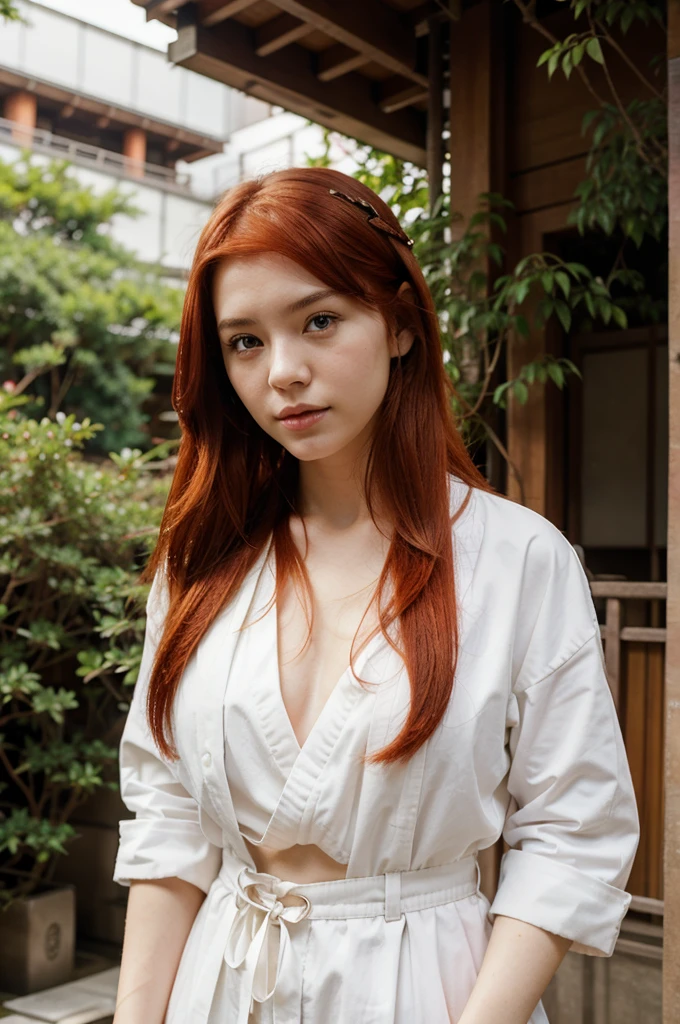 Beautiful girl with white skin and red hair in Tokyo dressed in a native way