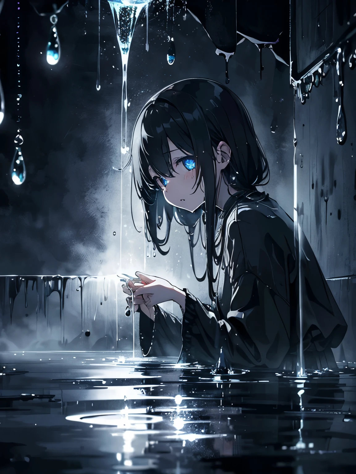 ((Dripping water droplets))、Dark and spooky atmosphere、midnight