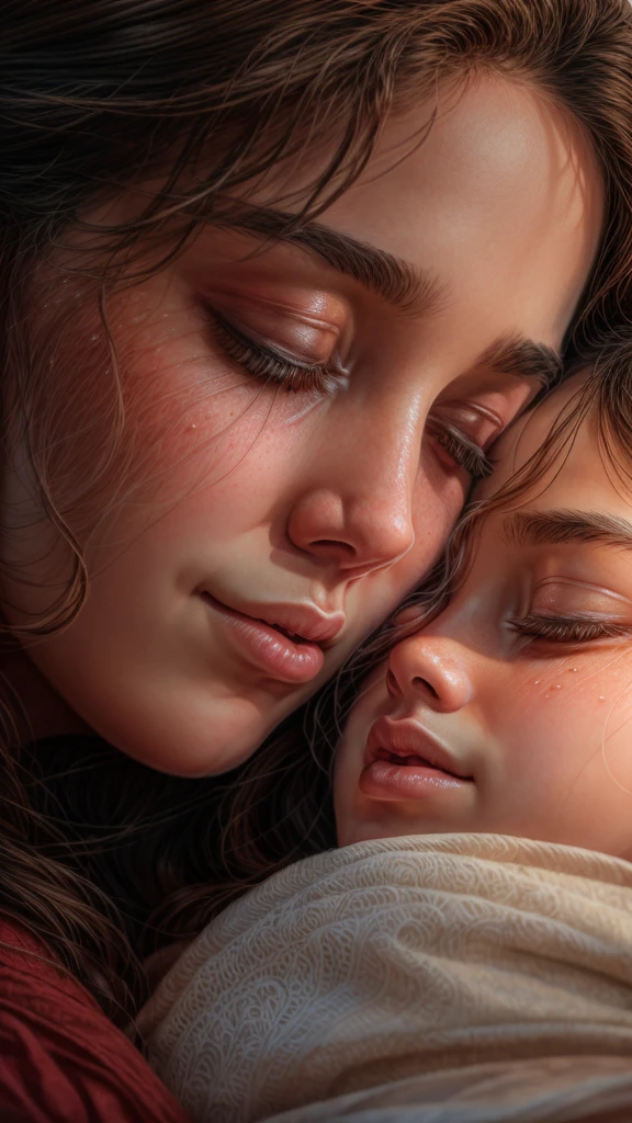 a young girl sleeping on her mother's lap, detailed facial features, beautiful detailed eyes, beautiful detailed lips, extremely detailed eyes and face, long eyelashes, tender embrace, soft lighting, warm color tones, (best quality,4k,8k,highres,masterpiece:1.2),ultra-detailed,(realistic,photorealistic,photo-realistic:1.37),portrait,painting,natural light