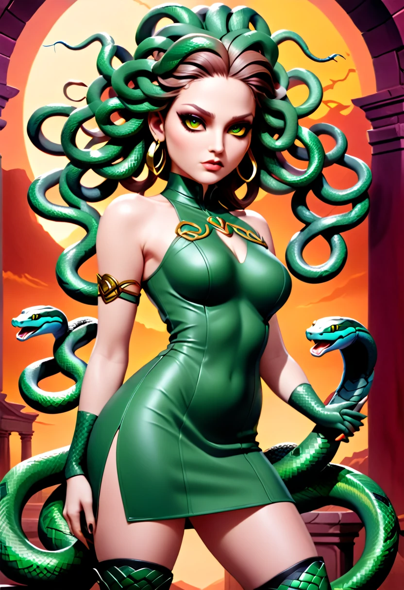 dark fantasy art a medusa having (snake twin braids: 1.5) a most beautiful medusa, reptilian eyes, pale skin, having twin snake braids, ((only two braids made from living snakes: 1.3)) on the medusa head, she wears intricate leather dress, thigh high heeled boots, modern bar background,  dynamic range, vibrant, Ultra-high resolution, High Contrast, (masterpiece:1.5), highest quality, Best aesthetics), best details, best quality, highres, ultra wide angle, 16k, [ultra detailed], masterpiece, best quality, (extremely detailed), Intense Gaze, Medusa, sn4k3h41r, snake hair,