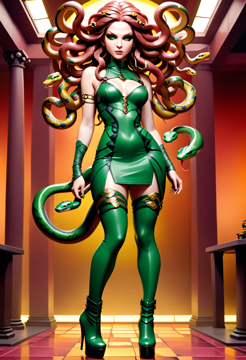 dark fantasy art a medusa having (snake twin braids: 1.5) a most beautiful medusa, reptilian eyes, pale skin, having twin snake braids, ((only two braids made from living snakes: 1.3)) on the medusa head, she wears intricate leather dress, thigh high heeled boots, modern bar background,  dynamic range, vibrant, Ultra-high resolution, High Contrast, (masterpiece:1.5), highest quality, Best aesthetics), best details, best quality, highres, ultra wide angle, 16k, [ultra detailed], masterpiece, best quality, (extremely detailed), Intense Gaze, Medusa, sn4k3h41r, snake hair,