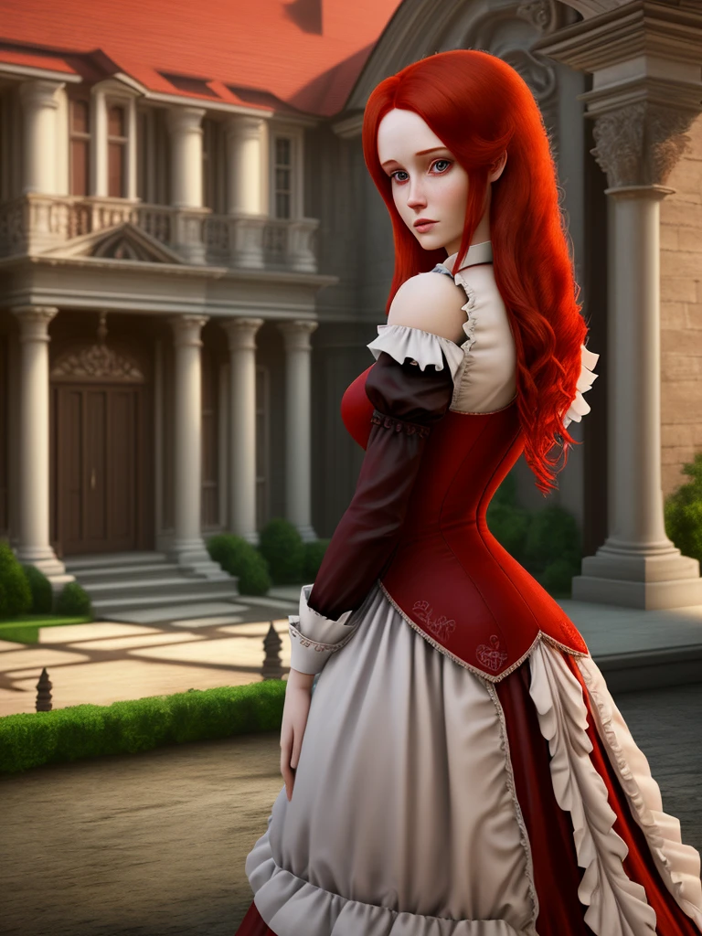 beautiful red haired woman wearing a maid's outfit, hd, cgi, 3d, digital art, magical, mansion in background, half-body, realistic up close