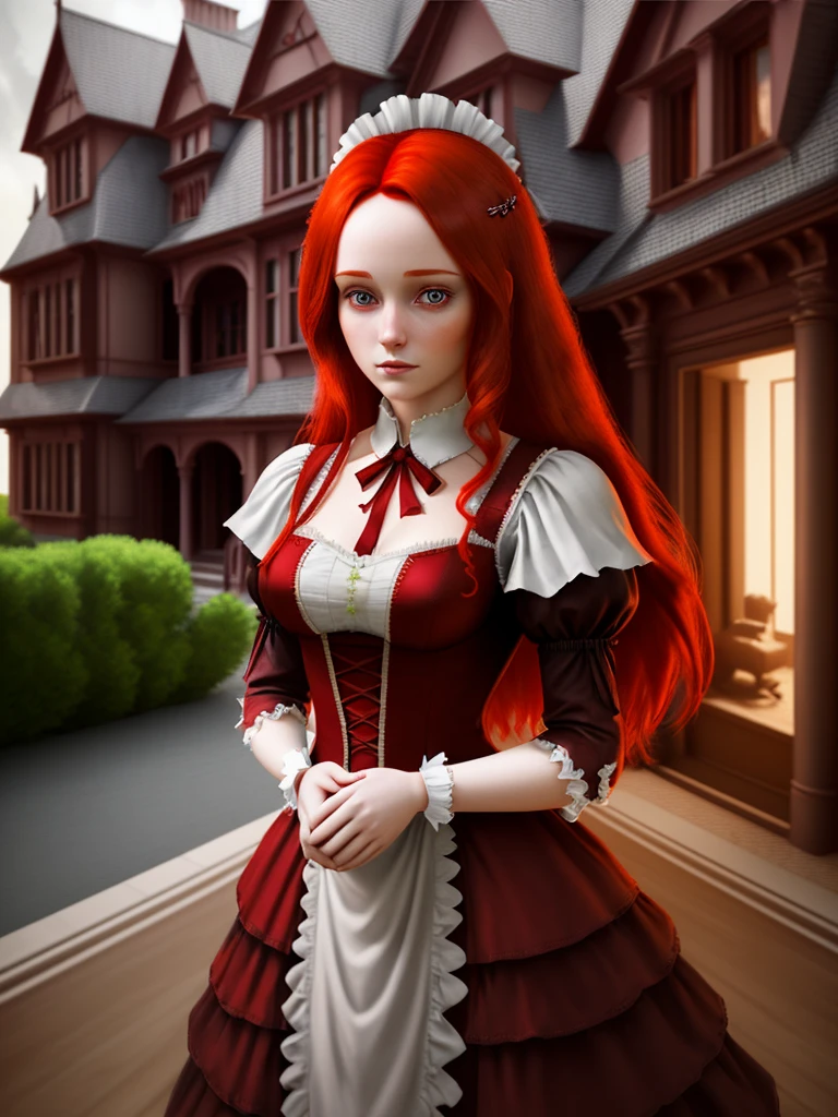 beautiful red haired woman wearing a maid's outfit, hd, cgi, 3d, digital art, magical, mansion in background, half-body, realistic up close