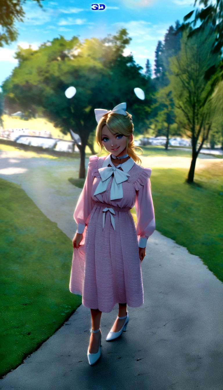  Pixar disney 3d movie cover, illustration of a 22 year old (a has blonde hair, wearing a pink dress with a white bow at the collar and high heels, no bow on top of head, tie tying the hair back), (the setting is a forest full of beautiful trees). She is smiling and happy. (Disney pixar 3d) (highest quallity)