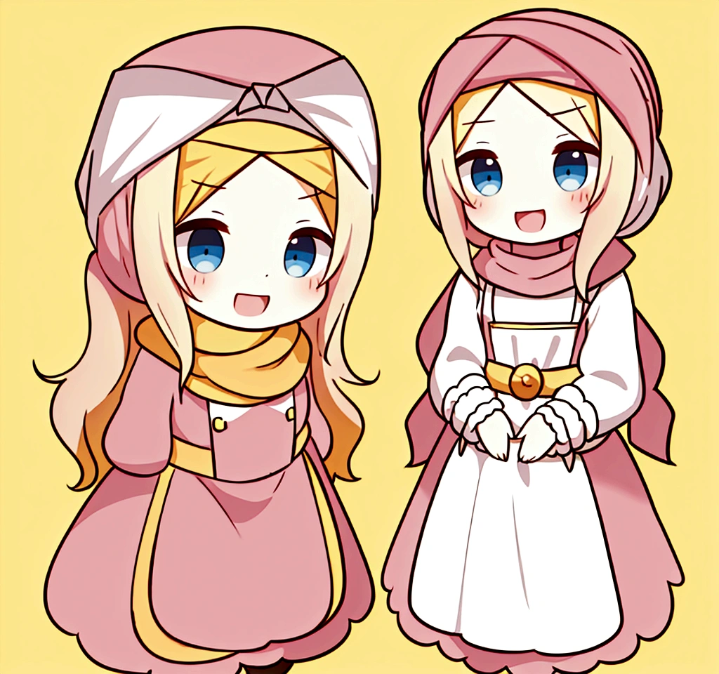 golden orange hair, gradient hair, very long hair, swept bangs, sidelocks, curly hair, wavy hair, (((((head scarf))))), head bandana, pink apron, flower in hair, marigold, orange flower, dirndl, pink dress, pink dirndl, long sleeves, waist apron, white ?????, bow on waist, blue bow, , polish clothing, Slavic clothing, Hungarian clothing, anime, cute, flat chest, solo, exaggerated expression, chibi,(((((:3}}}}} smile, open mouth, blue eyes, white stockings, black shoes, full body