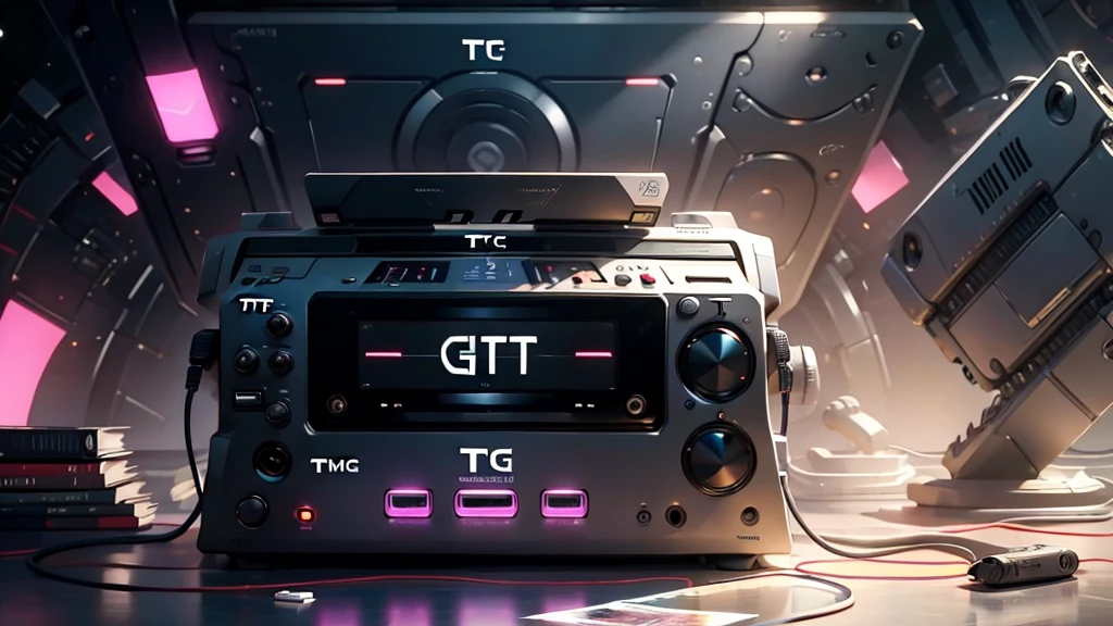 (DTG: 1.8), (DTG letters: 1.8), DJ set, Music, cassette, CD Player, Futuristic device for music playing, Neon audio specter, digital screen, Pixel screen, Music reproducer, abstract, colorful, high resolution, high quality, neon colors, dark grey background, black grey grdient
