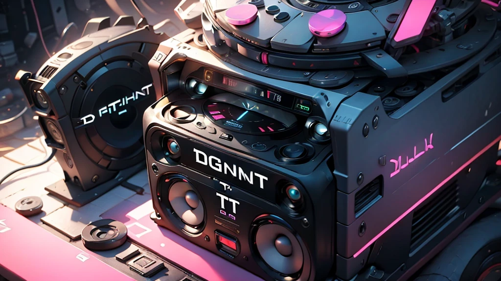 (DTG: 1.8), (DTG letters: 1.8), DJ set, Music, cassette, CD Player, Futuristic device for music playing, Neon audio specter, digital screen, Pixel screen, Music reproducer, abstract, colorful, high resolution, high quality, neon colors, dark grey background, black grey grdient