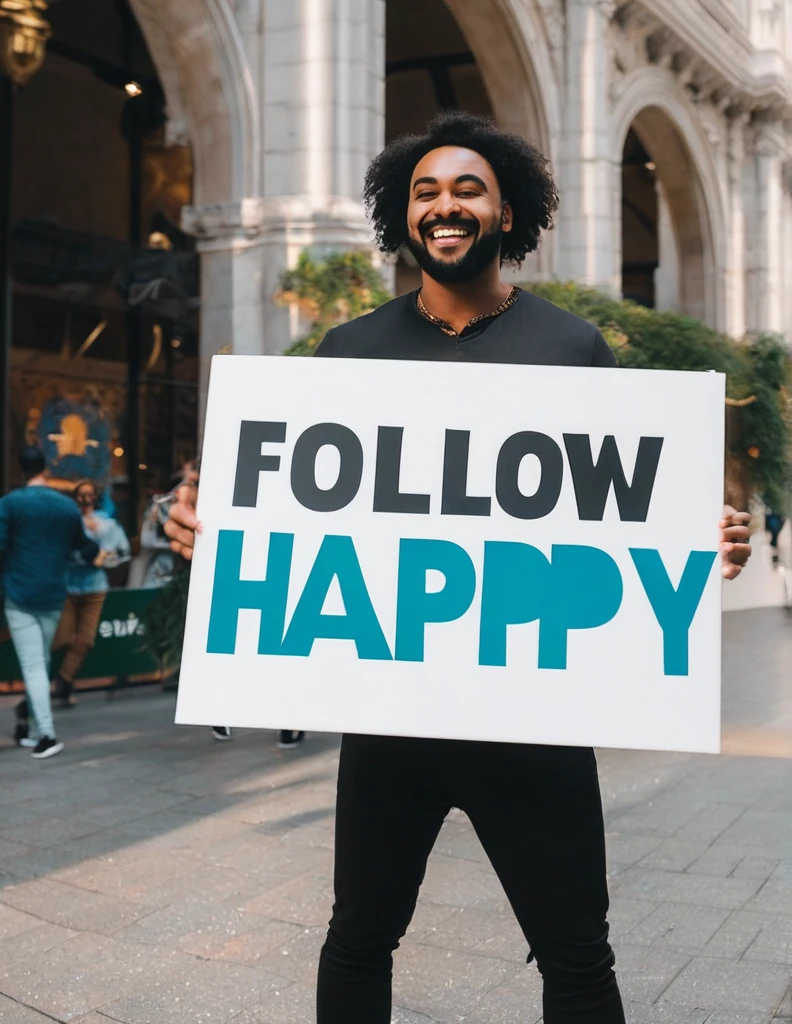 A man holding a sign that says follow 250 is happy