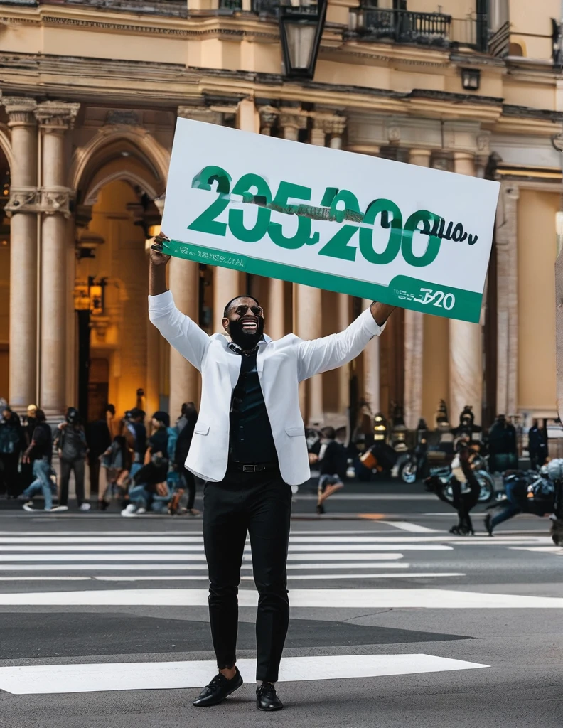 A man holding a sign that says follow 250 is happy