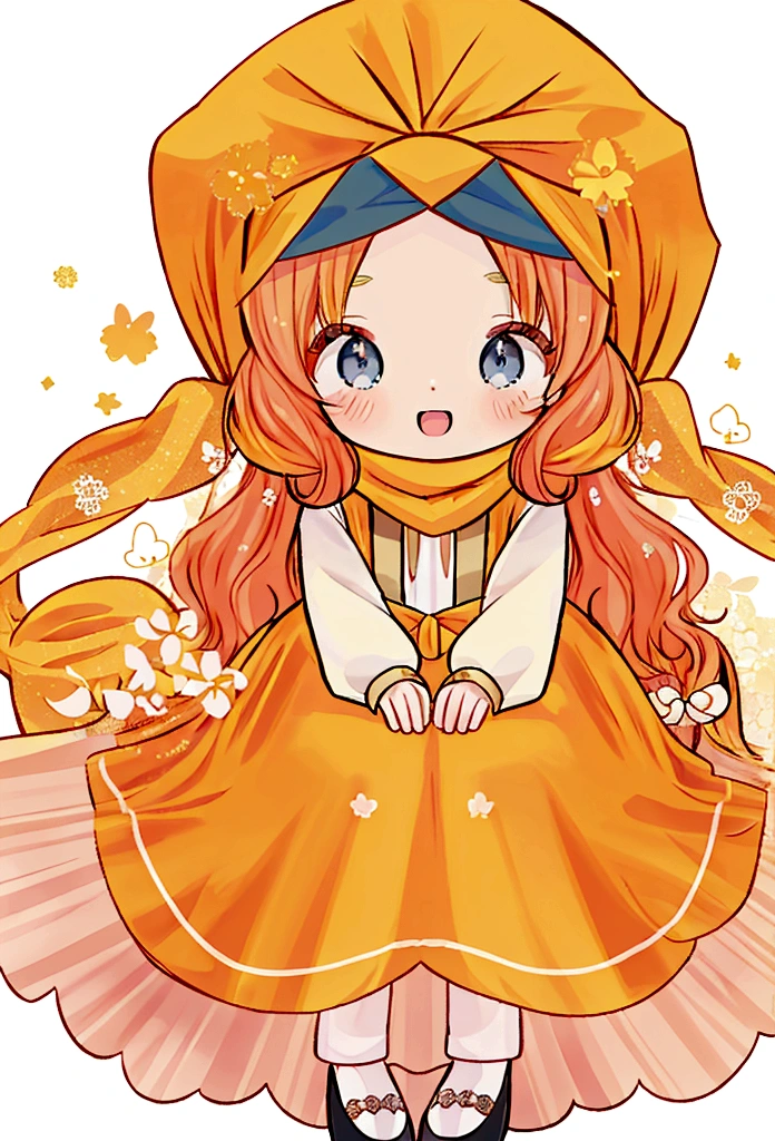 golden orange hair, gradient hair, very long hair, swept bangs, sidelocks, curly hair, wavy hair, (((((head scarf))))), head bandana, pink apron, flower in hair, marigold, orange flower, dirndl, pink dress, pink dirndl, long sleeves, waist apron, white apron, bow on waist, blue bow, , polish clothing, Slavic clothing, Hungarian clothing, anime, cute, flat chest, solo, exaggerated expression, chibi,(((((:3}}}}} smile, open mouth, blue eyes, white stockings, black shoes, full body