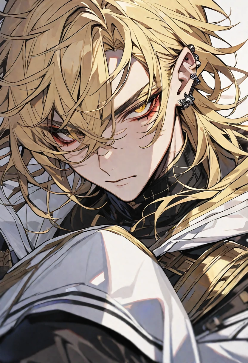 Solo, 1 male, blonde hair, gold eyes, black and white coat, ear piercing