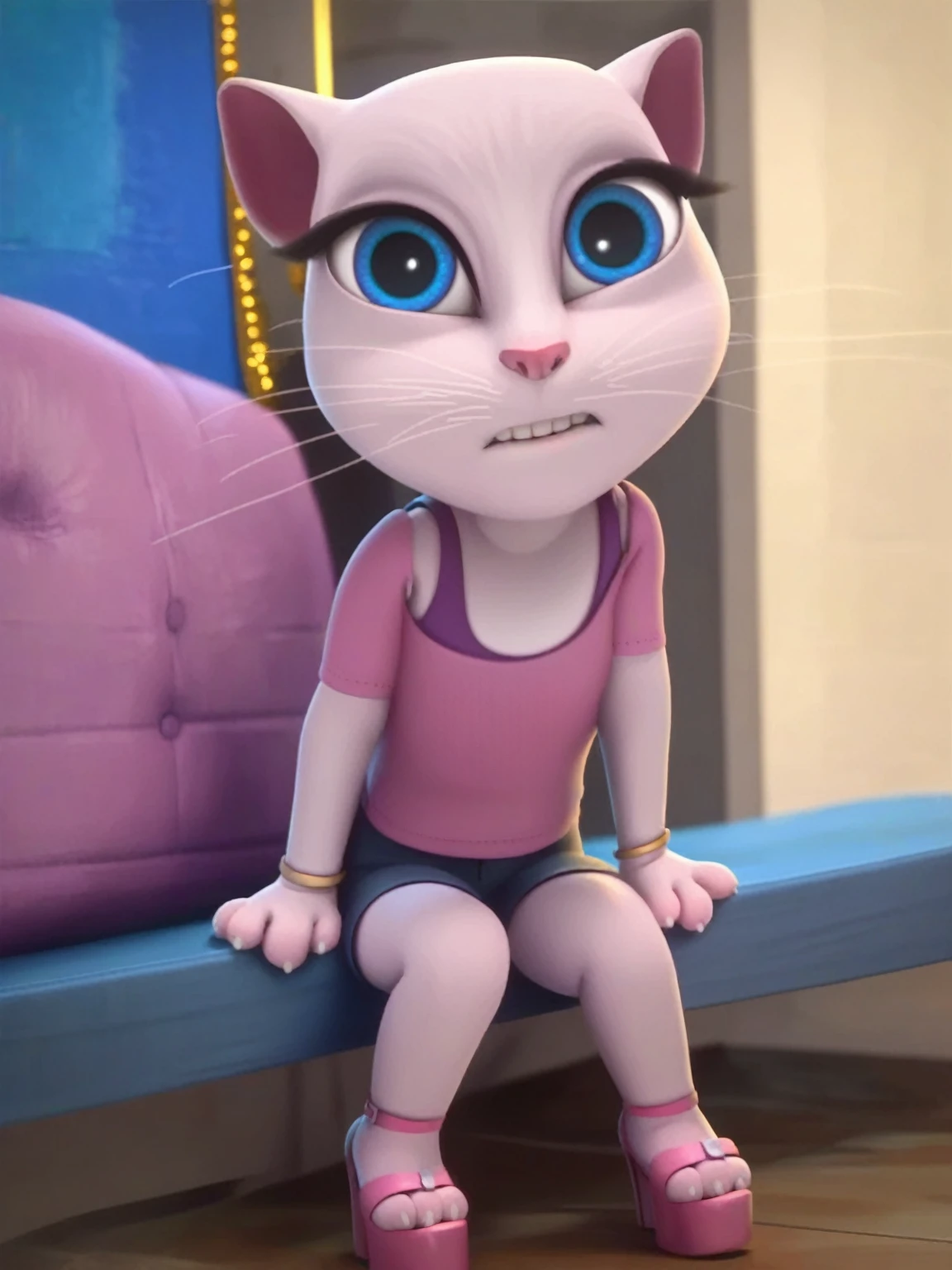 solo focus, a_la, 1girl, cat, white fur, long whiskers on both sides of the face, big bright blue eyes, big black eyelashes, small pink nose, triangular ears with pink channels, small breasts, looking at the viewer, sitting on penis, front view, fuck with legs together, platform high heels, score_9, score_8_up, score_7_up