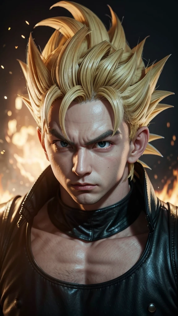 create a dragon ball character in 4k 3d quality MALE LOOKING FACING THE CAMERA IN THE IMAGE THE CHARACTER&#39;S WHOLE BODY APPEARS