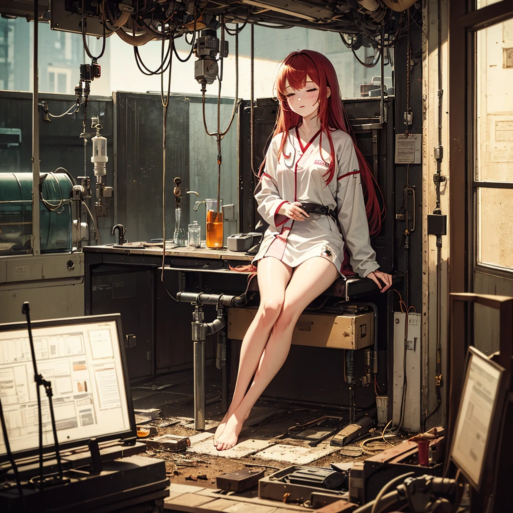 full body,1 girl,Android girl, robot girl, (cute:1.3)long silky hair ,red Hair, tan skin, freckles, {tattered hospital gown, dirty, old },10 old, laboratory, suspended in air, in a glass container, stasis tank,with a serene expression, Sleeping peacefully