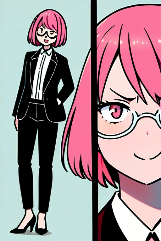 Girl pink hair almost short hair with a long dark jacket with a shirt tucked in with glasses dark pants with heels and is happy and angry and has a photo of herself naked