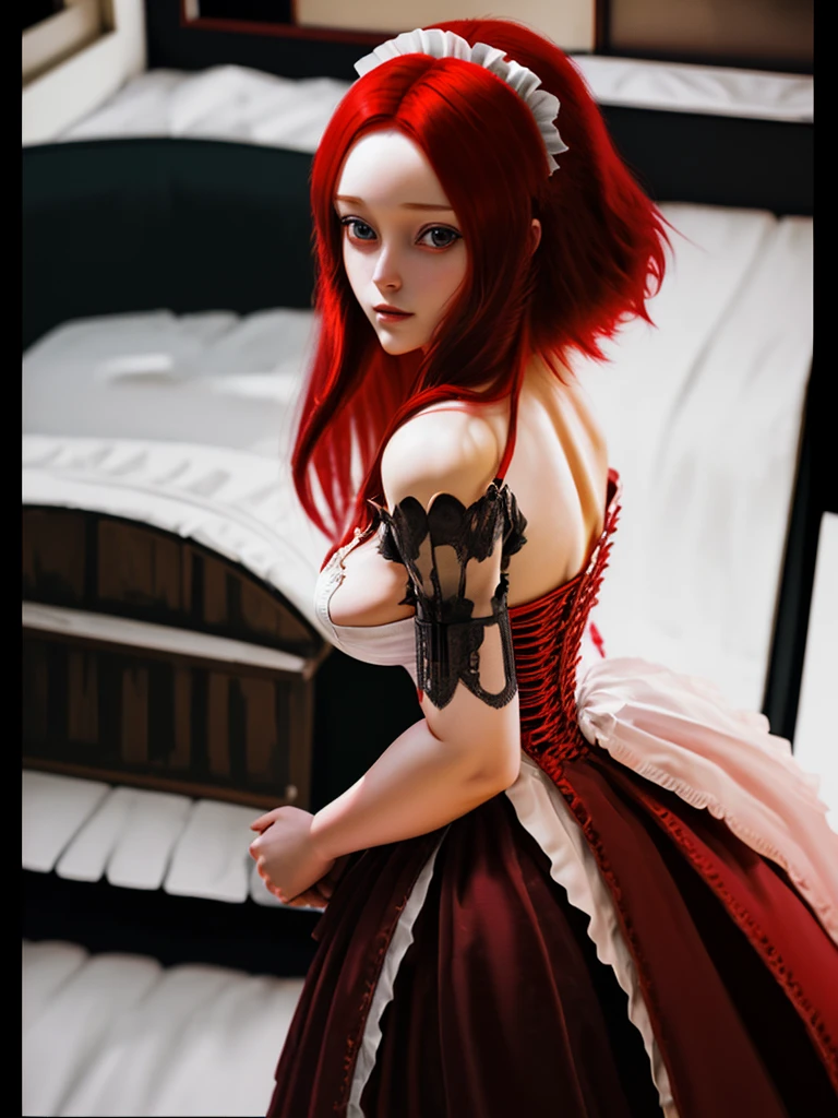 beautiful red haired woman wearing a maid's outfit, hd, cgi, 3d, digital art, magical, mansion in background, half-body, realistic up close