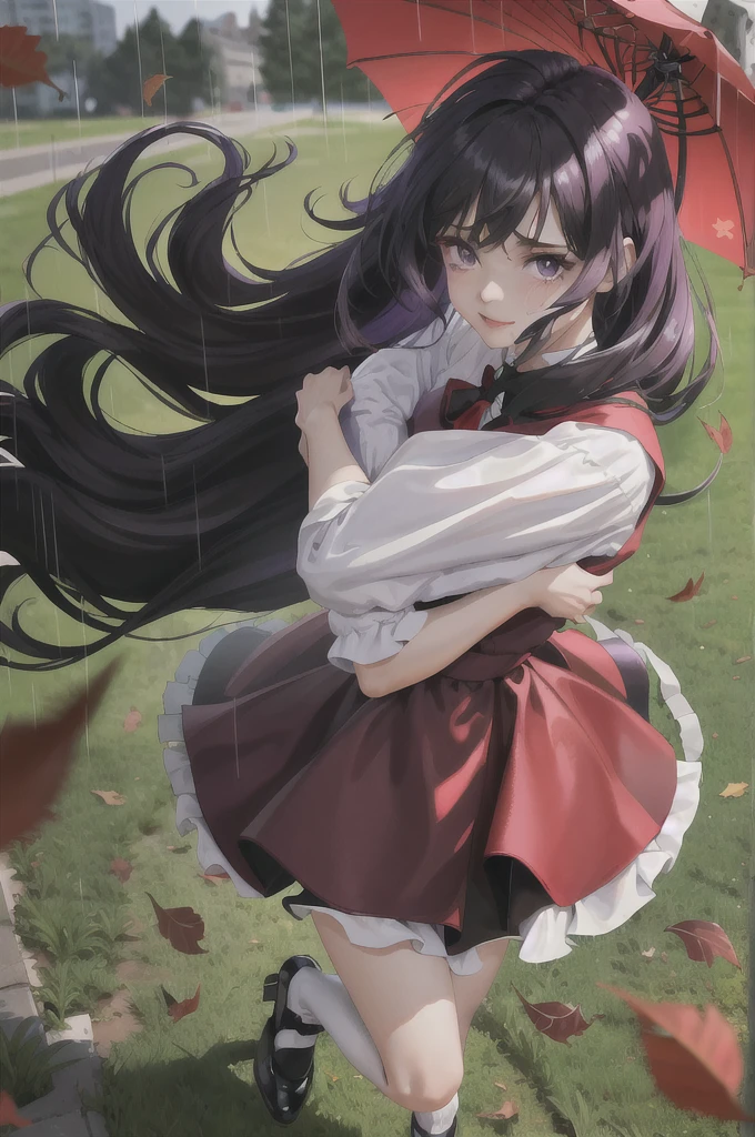 absurdres, best quality, 1girl, solo, looking at viewer, eye focus,  LucoaDM, CasualCL, crying hard,raining,long straight black hair,purple eyes,hugging legs pose,on grass,red lolita dress,red maryjane shoes,white socks,wind blowing,leaves blowing,blur