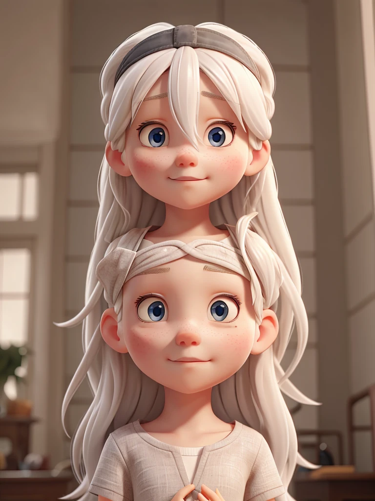albino girl , gray pupils , long white hair with a headband