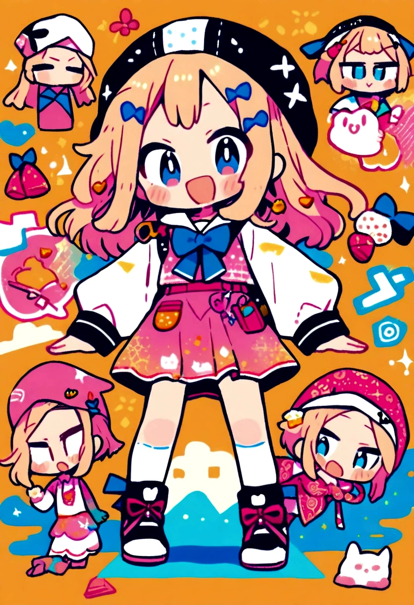 golden orange hair, gradient hair, very long hair, swept bangs, sidelocks, curly hair, wavy hair, (((((head scarf))))), head bandana, pink apron, flower in hair, marigold, orange flower, dirndl, pink dress, pink dirndl, long sleeves, waist apron, white apron, bow on waist, blue bow, , polish clothing, Slavic clothing, Hungarian clothing, anime, cute, flat chest, solo, exaggerated expression, chibi,(((((:3}}}}} smile, open mouth, blue eyes, white stockings, black shoes, full body