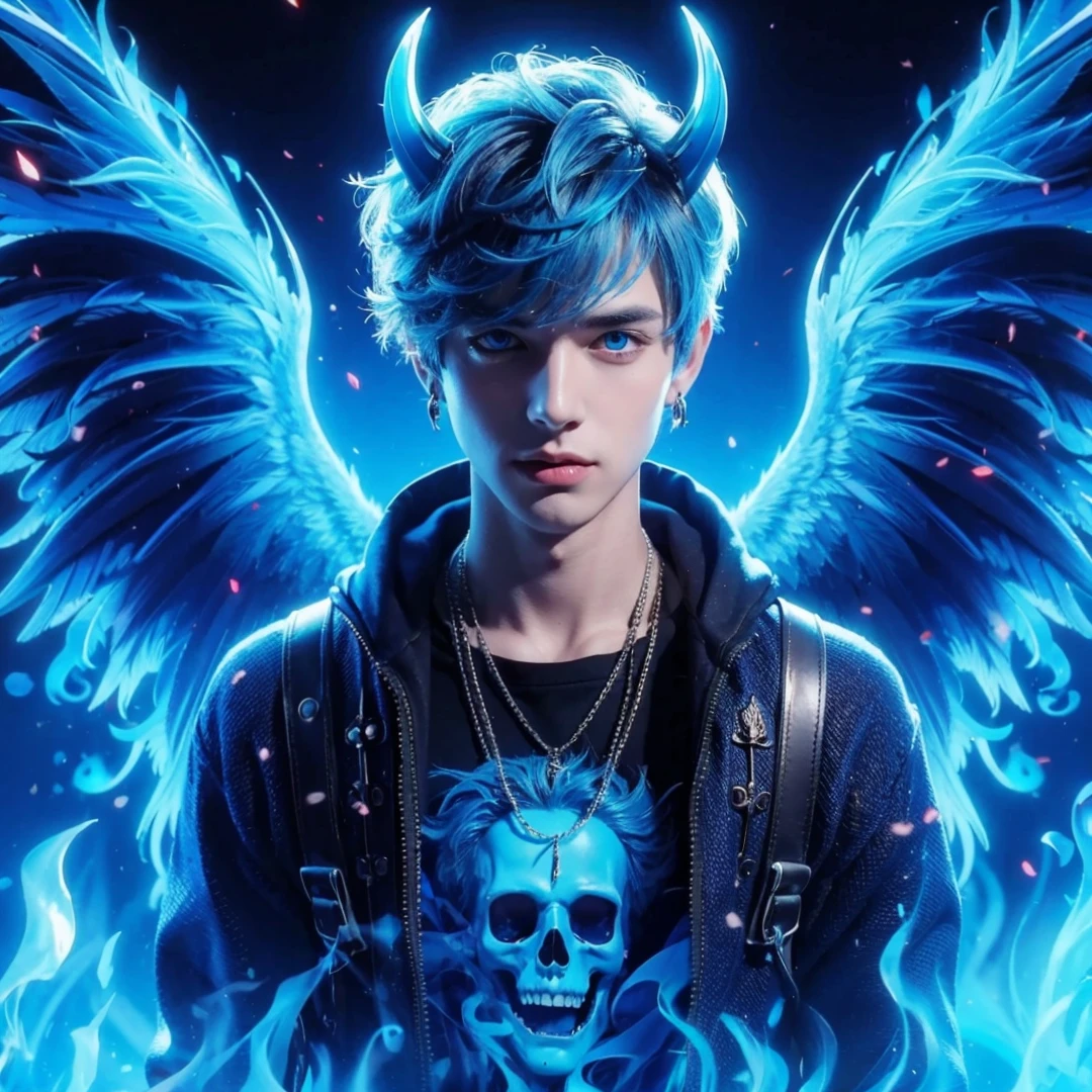 Handsome boy, blue hair, blue eyes, blue wings