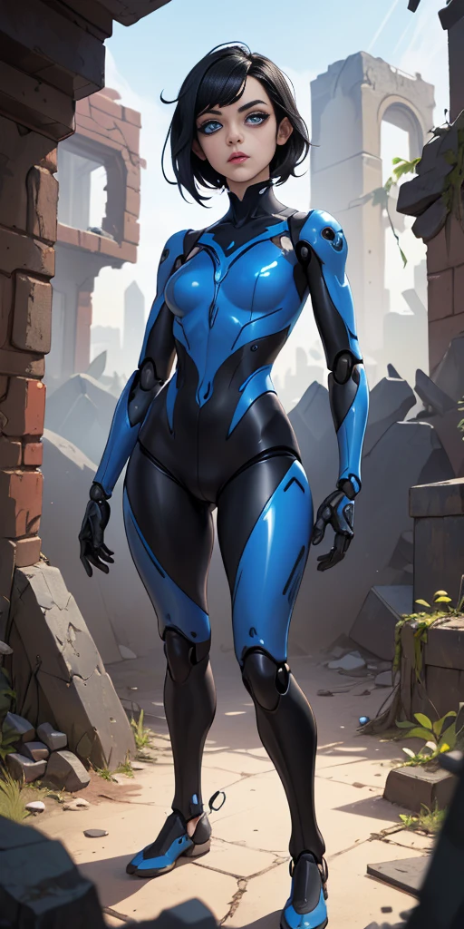 high resolution, ultradetailed, 1 girl, (short black hair:1.2), (Blue tight latex suit:1.1), (dungeon ruins background:1.2 ), 16k, unreal engine, UHD, photorealistic, (skin texture:1.4), (detailed face features:1.3), correct proportions, beautiful blue eyes, cowboy pose, pretty eyes, Iris contour, thin lips, (thin and sharp pale eyebrows), long dark eyelashes, double tabs, (dynamic pose), JennaOrtega, doll joints, gynoid, android girl, mechanical joints, kkw-HDR