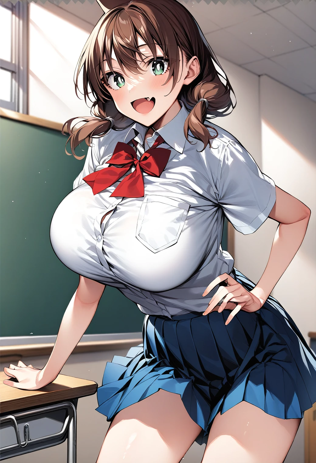 1girl, solo, large breasts, cowboy shot, (classroom:1.2), smile, open mouth, (fang:1.2),
amano_megumi, green eyes, bright pupils, white pupils, brown hair, low twintails, , red bowtie, collared shirt, short sleeves, pleated skirt, blue skirt, score_9, score_8_up, score_7_up, BREAK source_anime, best quality, masterpiece, uncensored, solo,