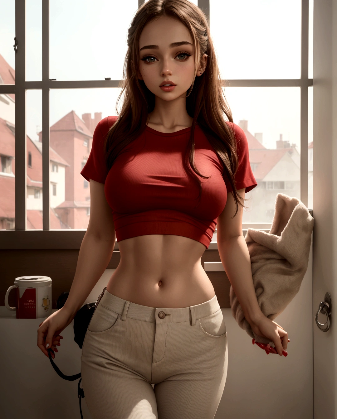 Arafed woman standing in front of a window with a red top, wearing a cute top, wearing a sexy crop top, Casual pose, enges Outfit, Portrait Sophie Mudd, wear a crop top, enge Passform, enges Shirt, casual wear, 2 4 year old female model, 18 year old, Close-up of a skinny, Wear tight, simple clothes