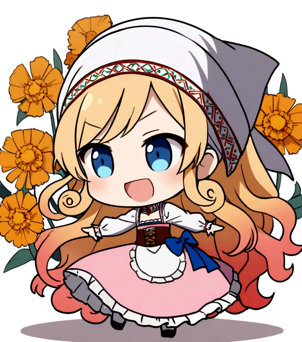 golden orange hair, gradient hair, very long hair, swept bangs, sidelocks, curly hair, wavy hair, (((((head scarf))))), head bandana, pink apron, flower in hair, marigold, orange flower, dirndl, pink dress, pink dirndl, long sleeves, waist apron, white apron, bow on waist, blue bow, , polish clothing, Slavic clothing, Hungarian clothing, anime, cute, flat chest, solo, exaggerated expression, chibi,(((((:3}}}}} smile, open mouth, blue eyes, white stockings, black shoes, full body